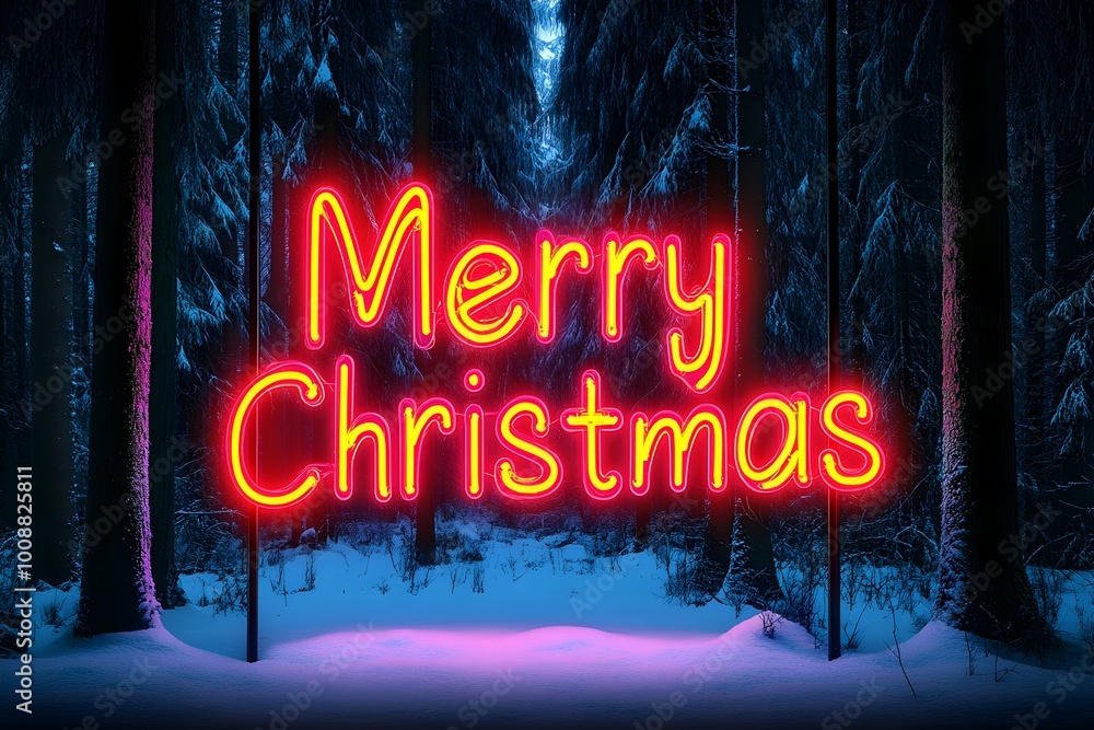 Neon Merry Christmas Sign in Snowy Forest. Neon Merry Christmas Sign in Snowy Forest.