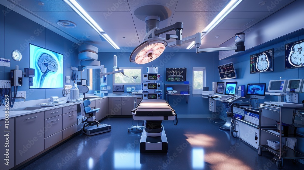 Robotic laser surgery in a high-tech OR, featuring holographic displays for detailed surgical guidance and patient monitoring. Robotic laser surgery in a high-tech OR, featuring holographic displays for detailed surgical guidance and patient monitoring.