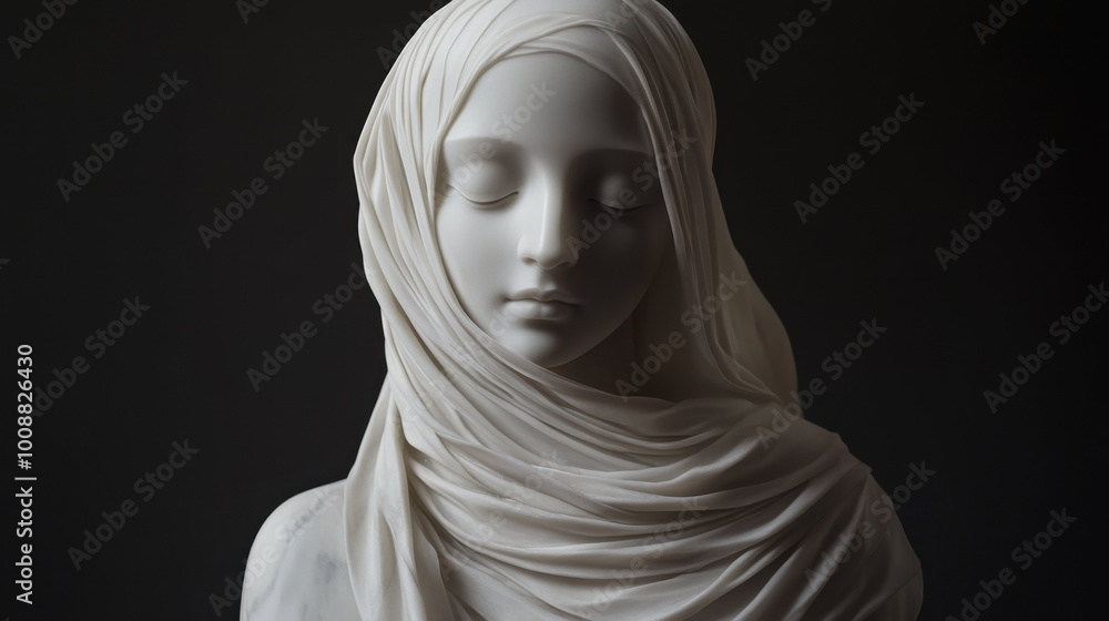 A black and white photo of a statue of a woman with closed eyes A black and white photo of a statue of a woman with closed eyes