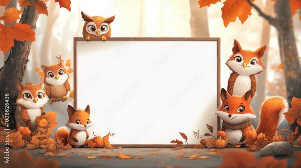 Fototapeta premium An empty frame surrounded by cute cartoon animals, an autumn theme, for use in presentations for both academic and media purposes.