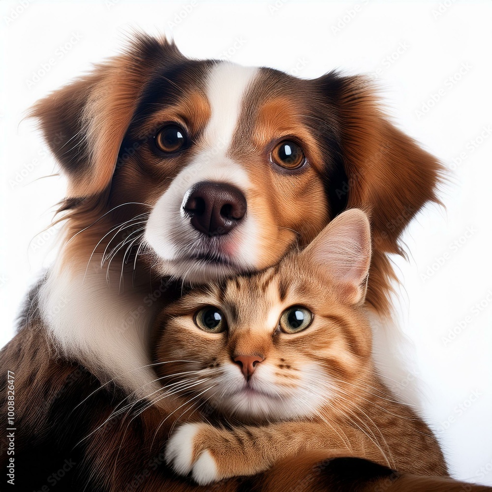 Isolated adorable dog hugging a cat Isolated adorable dog hugging a cat