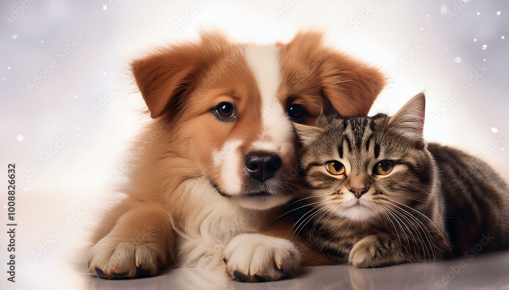 Isolated adorable dog hugging a cat Isolated adorable dog hugging a cat