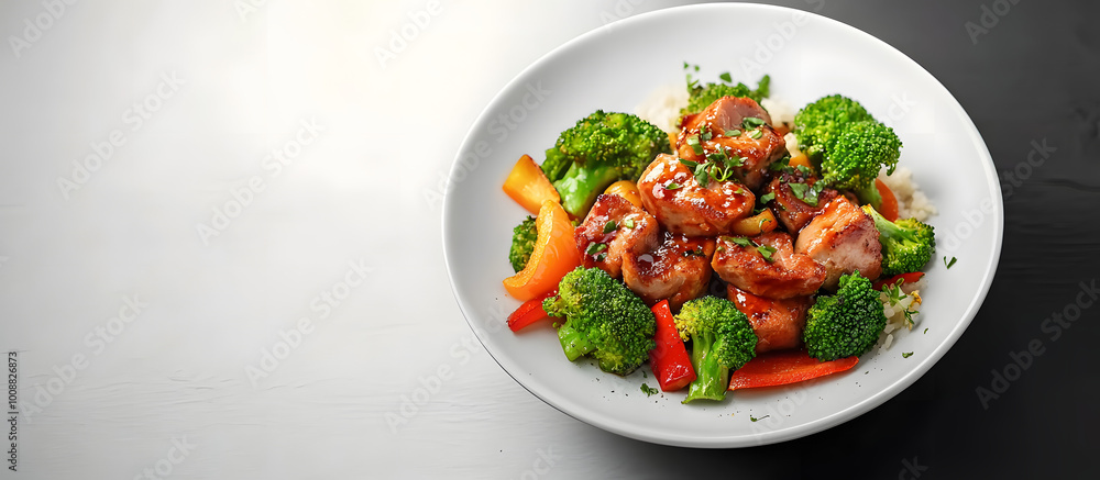 Delicious hot dish of pork roll with broccoli and bell pepper Ideal for a copy space image Delicious hot dish of pork roll with broccoli and bell pepper Ideal for a copy space image