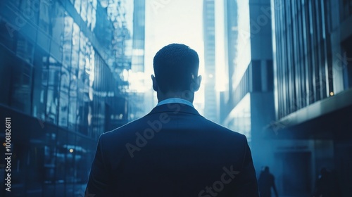 A lone man in a suit walking towards a bright light in a city street