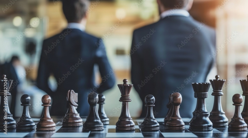 Chess Pieces on a Board with Two Blurred Businessmen in the Background Chess Pieces on a Board with Two Blurred Businessmen in the Background