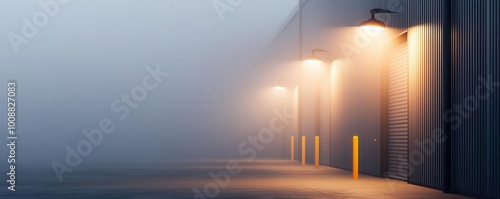 Early morning fog over a logistics warehouse in winter, with the building s lights piercing through the mist and workers beginning their shifts photo