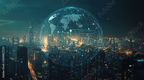 Artificial intelligence overlooking a smart city The city is connected to the global mobile internet via a phone symbolizing AIs control over infrastructure data traffic and safety in