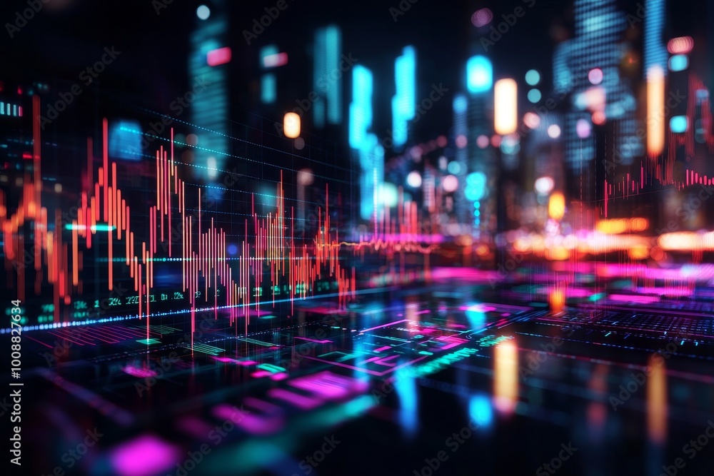 Fototapeta premium Futuristic digital cityscape with vibrant neon lights and data graphs.