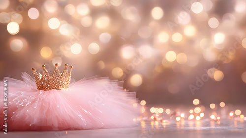 Pink tutu skirt with ballet shoe, gold crown