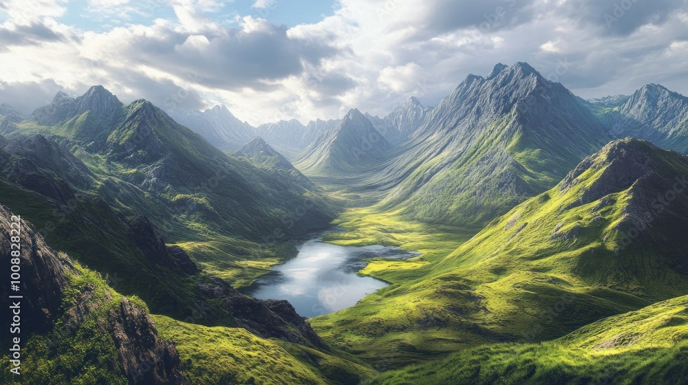 Fototapeta premium A Serene Mountain Valley with a Winding Lake Underneath a Cloudy Sky