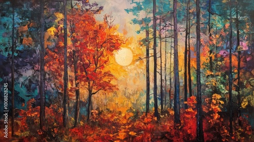 Oil Painting of an Autumnal Forest with a Sunlit Path