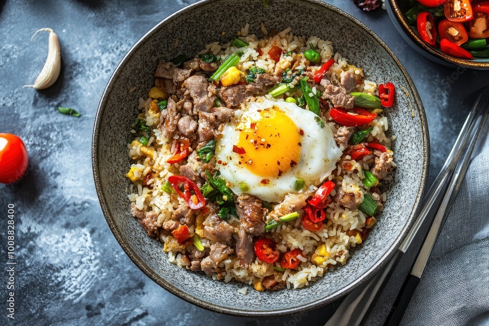 Nasi goreng is a Southeast Asian fried rice dish, usually cooked with pieces of meat and vegetables. Nasi goreng has long been considered an important staple of Indonesian cuisine - generative ai Nasi goreng is a Southeast Asian fried rice dish, usually cooked with pieces of meat and vegetables. Nasi goreng has long been considered an important staple of Indonesian cuisine - generative ai