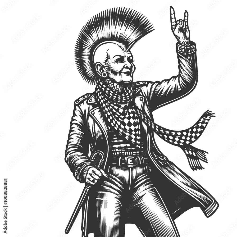Obraz premium elderly punk with mohawk, leather jacket and flashing a rocker hand sign, rebellious spirit sketch engraving generative ai vector illustration. Scratch board imitation. Black and white image.