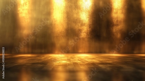 Bright golden shine projected onto a dark wall and floor creating a blurred background with an ombre effect A 3D illustration of an abstract interior backdrop with light and shadow