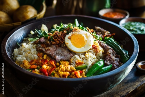 Nasi goreng is a Southeast Asian fried rice dish, usually cooked with pieces of meat and vegetables. Nasi goreng has long been considered an important staple of Indonesian cuisine - generative ai