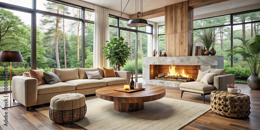 A contemporary living space with a roaring fireplace, large windows overlooking a lush green landscape, and comfortable seating arrangements. A contemporary living space with a roaring fireplace, large windows overlooking a lush green landscape, and comfortable seating arrangements.