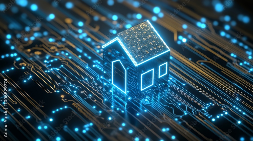 Circuit board in the shape of a house icon Represents the concept of home automation and smart technology within the structure of a digital home Circuit board in the shape of a house icon Represents the concept of home automation and smart technology within the structure of a digital home