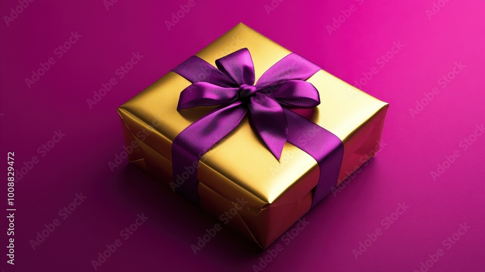Vibrant Gold Gift Box with Elegant Purple Bow on Fuchsia Background Vibrant Gold Gift Box with Elegant Purple Bow on Fuchsia Background