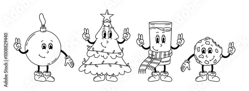 Christmas Groovy line vector set. Hand drawn Christmas Tree and ball, glass of Milk, cookie in trendy retro style. Groovy 70s 60s 50s characters. Merry Christmas and Happy New year