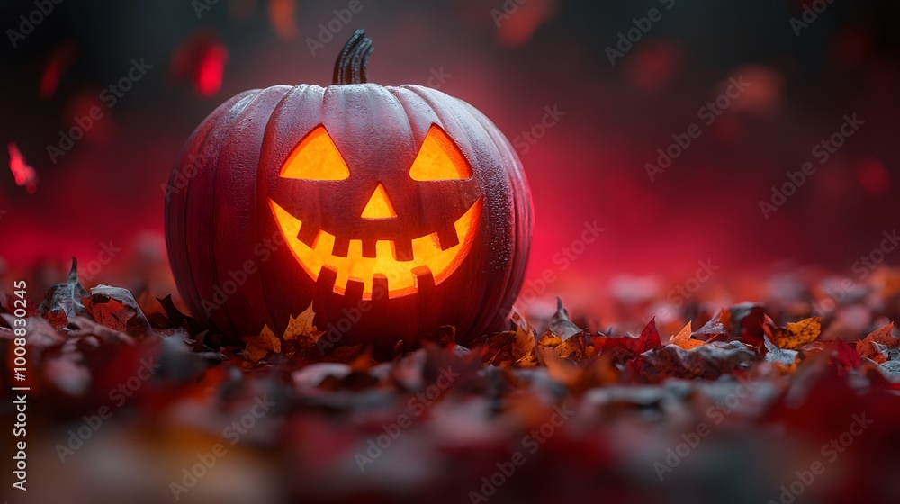 Friendly jack-o-lantern shining with a smile, surrounded by colorful fall leaves and a watercolor-style backdrop Friendly jack-o-lantern shining with a smile, surrounded by colorful fall leaves and a watercolor-style backdrop