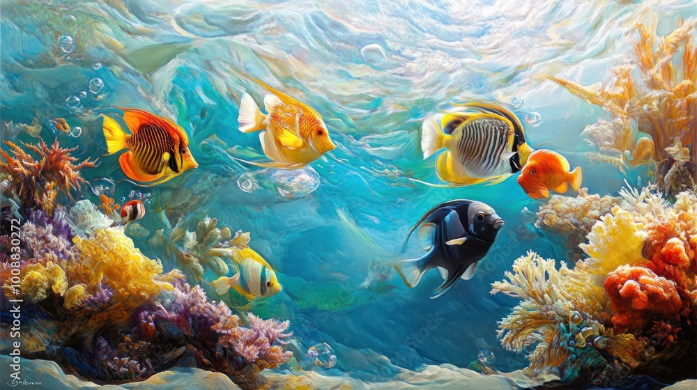 Fototapeta premium A painting of a group of fish swimming in a coral reef