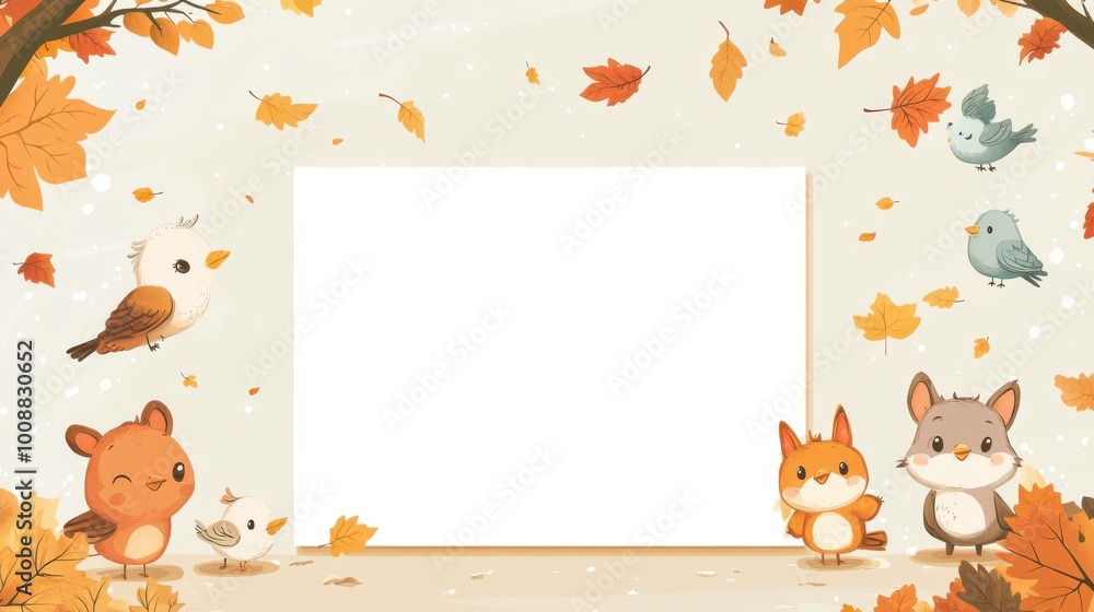 Fototapeta premium Cute cartoon images of wild animals and trees. In the middle is a notebook for taking notes, presenting reports, or space for writing messages.