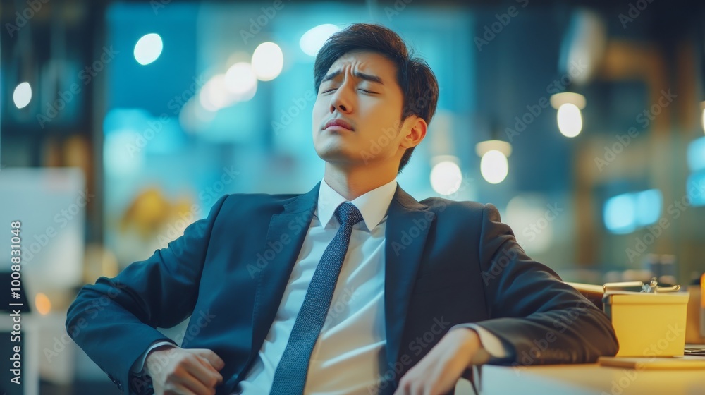 A tired businessman in a suit leans back in his chair, eyes closed, with a tired expression on his face. He is working late at night in his office. A tired businessman in a suit leans back in his chair, eyes closed, with a tired expression on his face. He is working late at night in his office.