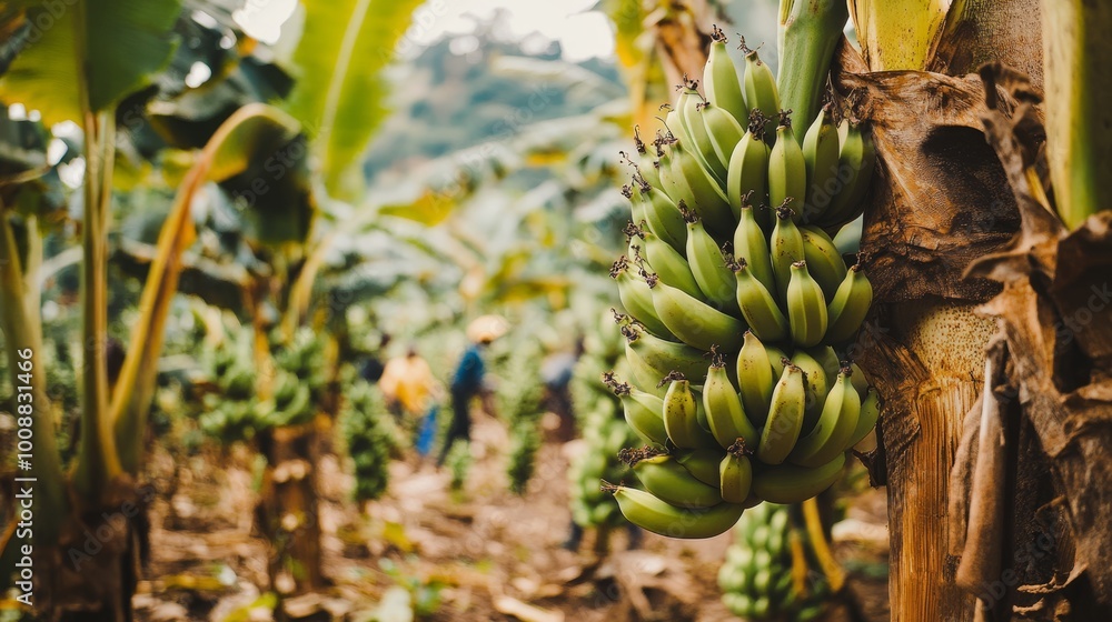 Fototapeta premium A scenic view of a plantation farm with green bananas growing in rows, people harvesting the fruits, harvest season, agriculture and farming
