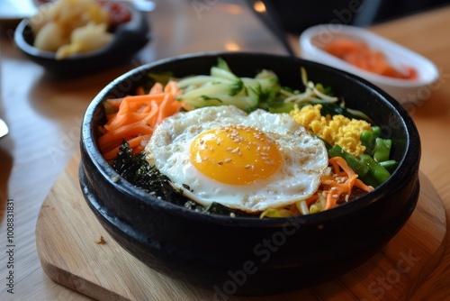 Korean food bibimbap with vegetables and fried egg - generative ai