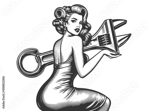  pin-up woman in an off-shoulder dress holding two large wrenches, sketch engraving generative ai fictional character vector illustration. Scratch board imitation. Black and white image.