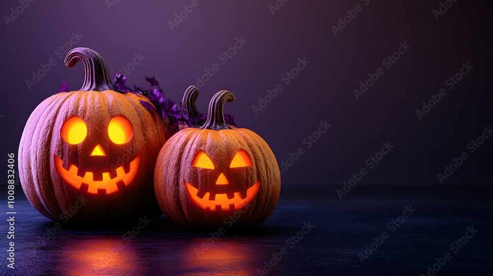 Fototapeta premium Playful pumpkins on a Halloween flyer template with glowing jack-o-lantern faces and fun festive elements in a cartoon style