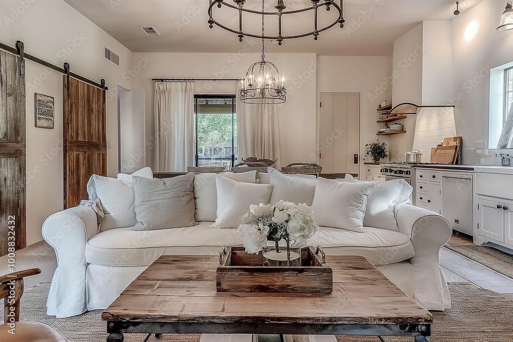 Cozy, farmhouse-style living room interior design with a white slipcovered sofa, wooden coffee table, and vintage-inspired decor, with soft lighting from an iron chandelier.