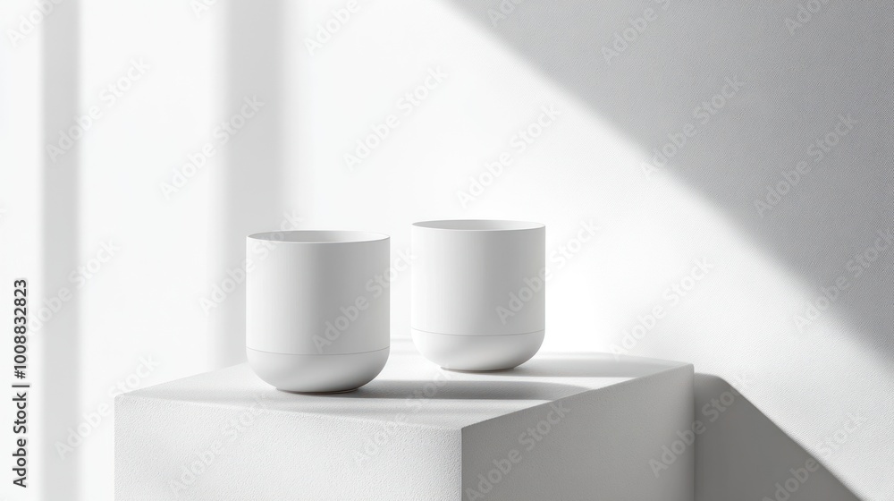 A white vase sits on a shelf next to a potted plant and a bowl A white vase sits on a shelf next to a potted plant and a bowl
