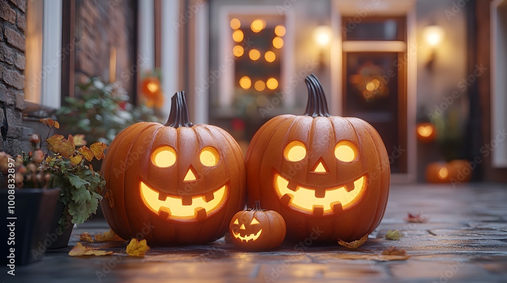 Cheerful Halloween flyer template with pumpkins, glowing jack-o-lanterns, and festive decorations in a cartoon style Cheerful Halloween flyer template with pumpkins, glowing jack-o-lanterns, and festive decorations in a cartoon style