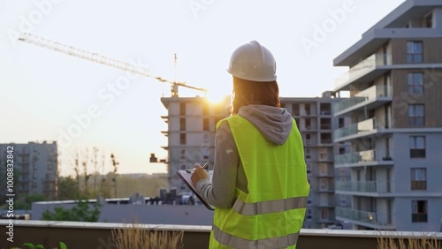 Construction female engineer taking notes and writing on clipboard while inspecting a building site at sunset. Industry development concept