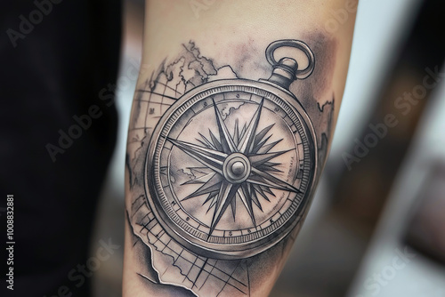 Realistic tattoo of a compass with a map in the background, inked on the forearm, black and gray tones. photo