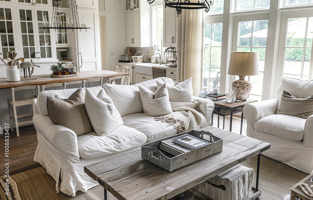 Cozy, farmhouse-style living room interior design with a white slipcovered sofa, wooden coffee table, and vintage-inspired decor, with soft lighting from an iron chandelier. Cozy, farmhouse-style living room interior design with a white slipcovered sofa, wooden coffee table, and vintage-inspired decor, with soft lighting from an iron chandelier.