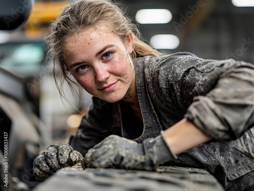 A graceful woman working as a mechanic, her hands dirty with grease as she fixes a large truck photo