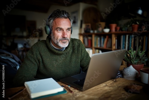 A thoughtful man wearing headphones sits at a wooden table with a laptop, notebook, and plants in a cozy room full of books and warm ambient light.