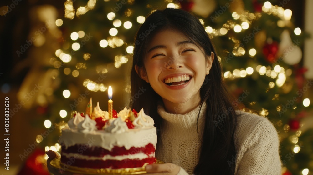 Wearing a soft sweater, a young woman smiles while holding a birthday cake with a flickering candle, surrounded by warmth and joy. Wearing a soft sweater, a young woman smiles while holding a birthday cake with a flickering candle, surrounded by warmth and joy.