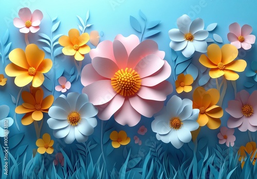 Colorful Paper-Cut Flower Pattern on Blue Background