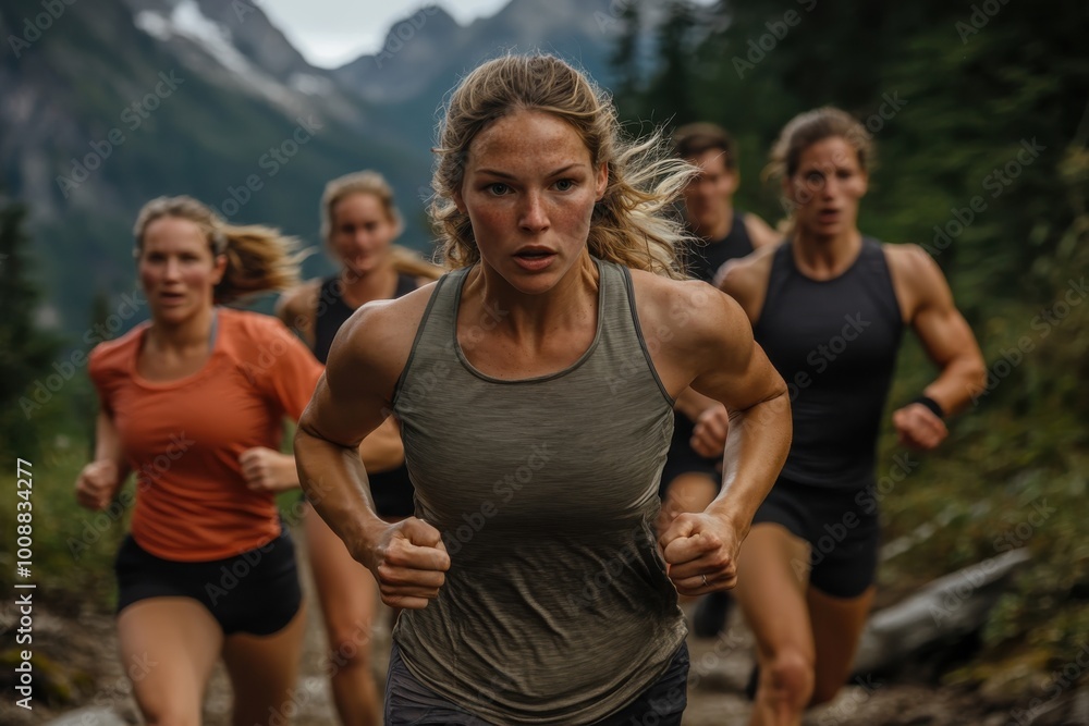 A focused woman leads a group of athletes as they run along a scenic mountain trail, showcasing determination and the strength found in human endurance and teamwork. A focused woman leads a group of athletes as they run along a scenic mountain trail, showcasing determination and the strength found in human endurance and teamwork.