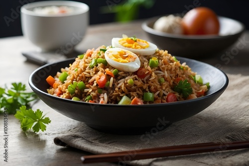 Indian Fried rice with vegetables and boiled eggs looks like noodles in a bowl on the table