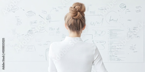 A woman in a white blouse stands facing a wall filled with charts and notes, deep in thought and contemplation about her work.