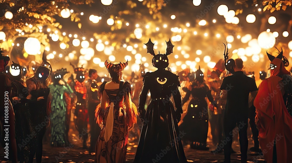 A Halloween costume party with guests dressed in various whimsical and spooky outfits. A Halloween costume party with guests dressed in various whimsical and spooky outfits.