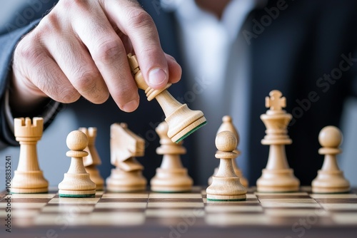 Hand moving a chess piece on a wooden chessboard, focused gameplay moment.