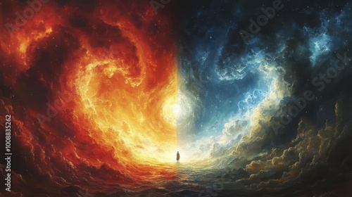 dramatic illustration of heaven and hell depicting a vibrant paradise above and a fiery inferno below showcasing contrasting themes of hope and despair within a religious conceptual framework