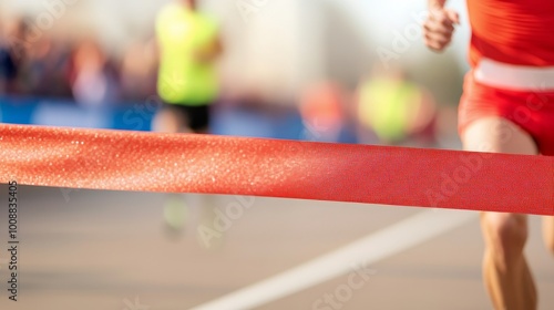 Runner crossing finish line with red ribbon during race event.