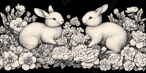 Two adorable rabbits sit am...