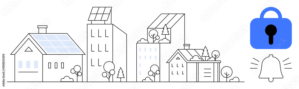Minimalist drawing of houses and buildings with solar panels, a blue padlock, and a bell icon. Ideal for energy efficiency, smart home technology, security, sustainable living, green architecture Minimalist drawing of houses and buildings with solar panels, a blue padlock, and a bell icon. Ideal for energy efficiency, smart home technology, security, sustainable living, green architecture